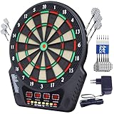 Elektronische Dartscheibe Set Elektrische Dartboard mit Sprachansagen, 4 LED-Anzeigen, 6 Dartpfeil, 27 Spiele 243 Spieloptionen Profi E-Dart Board für Hause Partys Garten Bar 1-16 Spieler, Dunkel